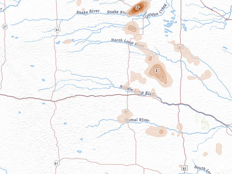 Radar-estimated hail-size map of the storm over Mullen, NE on Jul 9, 2026