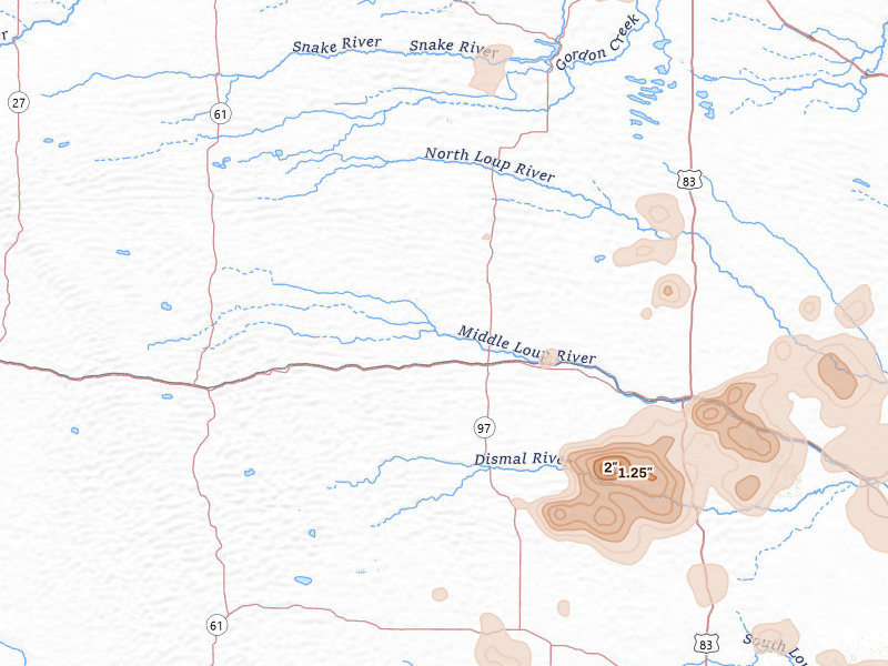 Radar-estimated hail-size map of the storm over Mullen, NE on Jul 27, 2026