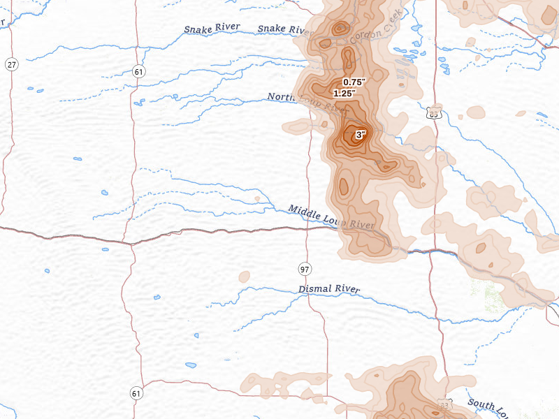 Radar-estimated hail-size map of the storm over Mullen, NE on Jul 30, 2026