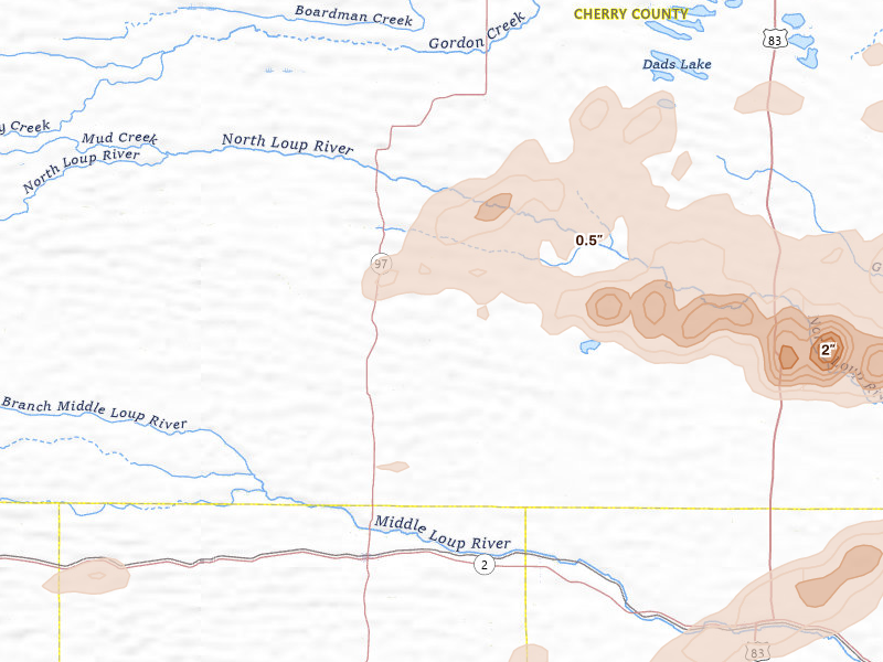 Radar-estimated hail-size map of the storm over Mullen, NE on Aug 3, 2026