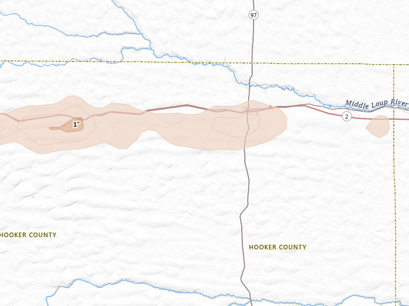 Radar-estimated hail-size map of the storm over Mullen, NE on Aug 4, 2026