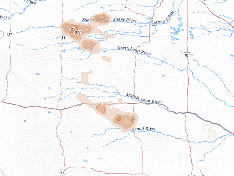 Radar-estimated hail-size map of the storm over Mullen, NE on Aug 7, 2026