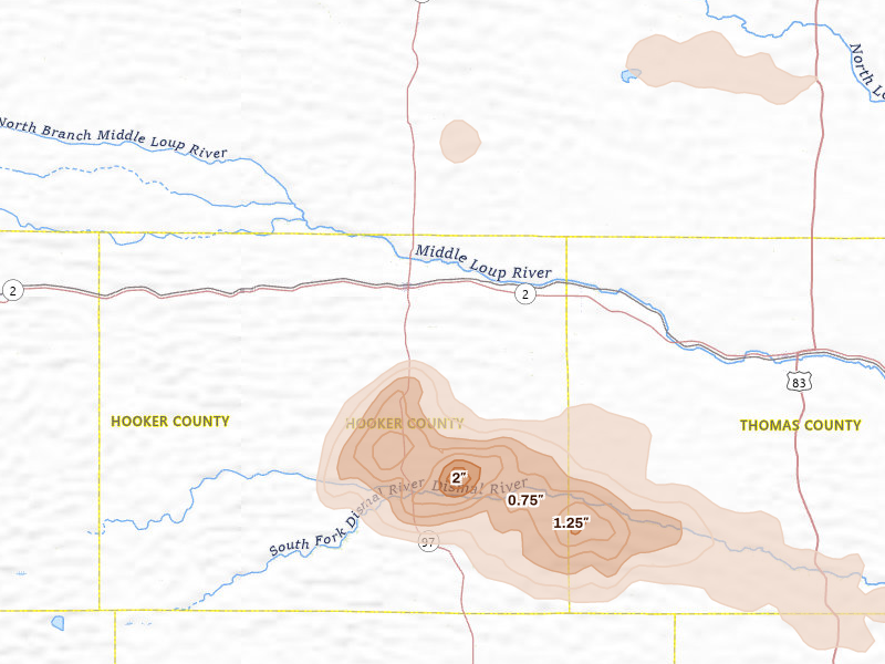 Radar-estimated hail-size map of the storm over Mullen, NE on Aug 8, 2026