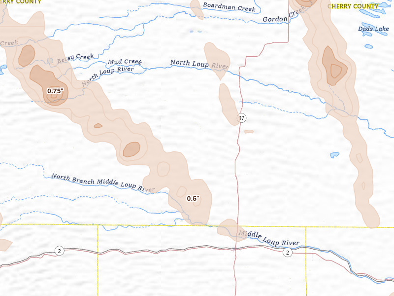 Radar-estimated hail-size map of the storm over Mullen, NE on Aug 16, 2026