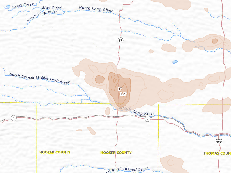 Radar-estimated hail-size map of the storm over Mullen, NE on Aug 17, 2026