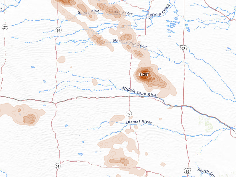Radar-estimated hail-size map of the storm over Mullen, NE on Aug 24, 2026