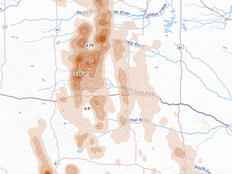 Radar-estimated hail-size map of the storm over Mullen, NE on Aug 27, 2026