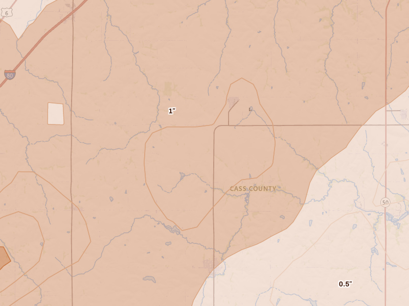 Radar-estimated hail-size map of the storm over Murdock, NE on Jun 10, 2026