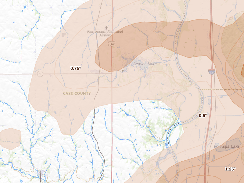 Radar-estimated hail-size map of the storm over Murray, NE on May 15, 2026