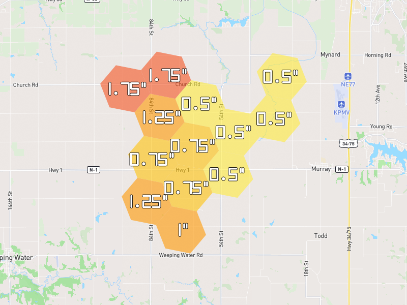 Hail map of Murray, NE on Jun 6, 2026, hail up to 1.75"