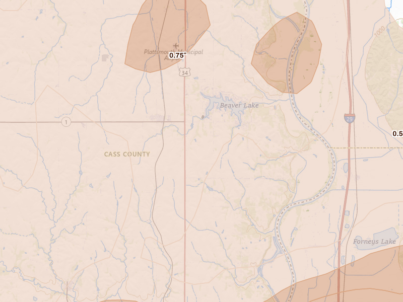 Radar-estimated hail-size map of the storm over Murray, NE on Jun 10, 2026