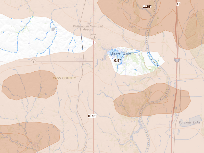 Radar-estimated hail-size map of the storm over Murray, NE on Aug 4, 2026
