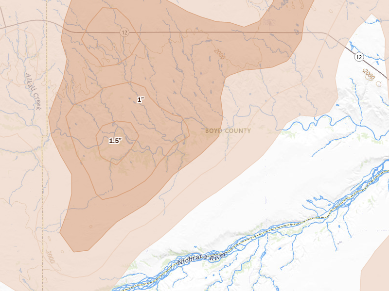 Radar-estimated hail-size map of the storm over Naper, NE on Jun 30, 2026