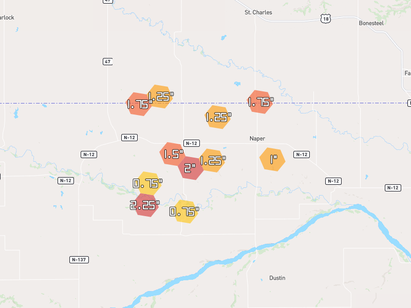 Hail map of Naper, NE on Jul 1, 2026, hail up to 2.25"
