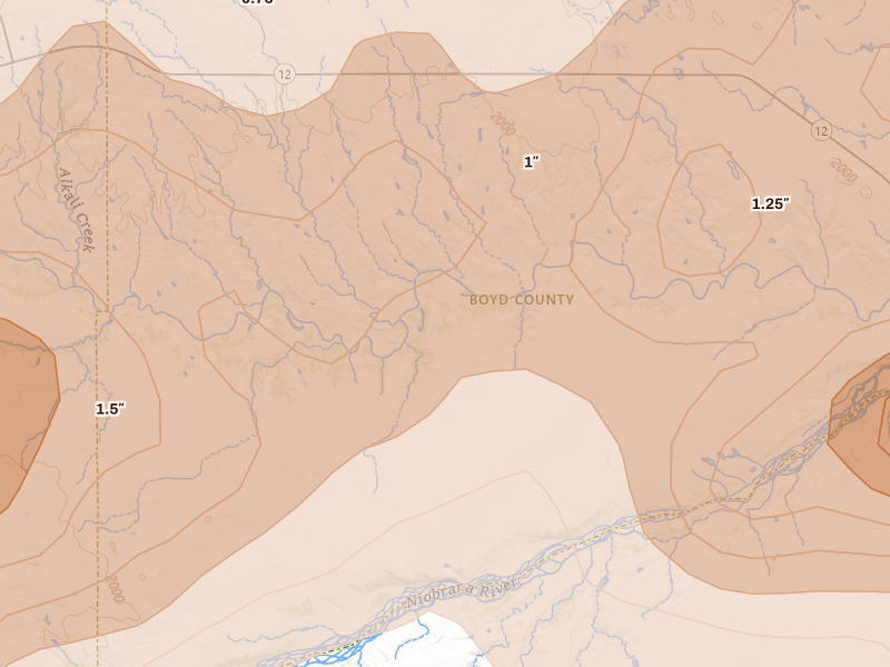 Radar-estimated hail-size map of the storm over Naper, NE on Sep 1, 2026