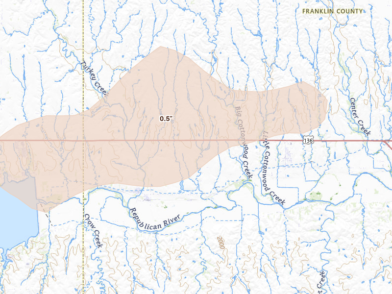 Radar-estimated hail-size map of the storm over Naponee, NE on May 16, 2026