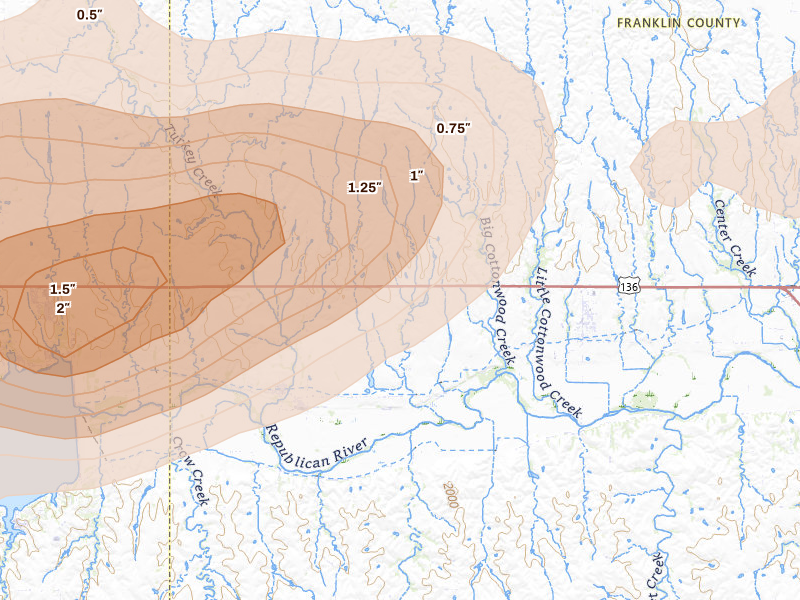 Radar-estimated hail-size map of the storm over Naponee, NE on Jun 8, 2026