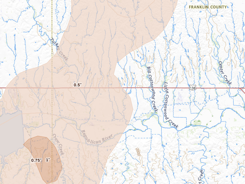 Radar-estimated hail-size map of the storm over Naponee, NE on Jun 9, 2026