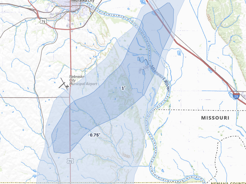 NEXRAD radar-signature map of the hail storm over Nebraska City, NE on Mar 5, 2026