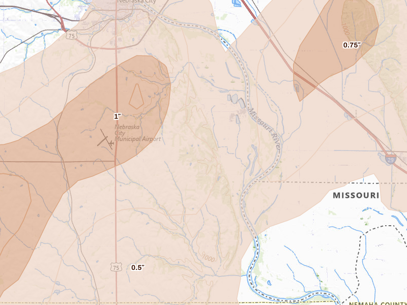 Radar-estimated hail-size map of the storm over Nebraska City, NE on Apr 23, 2026