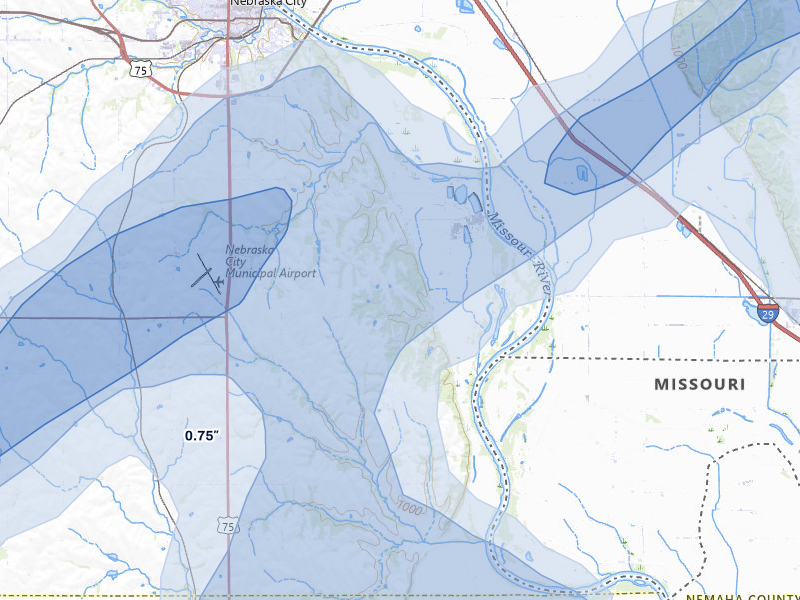 NEXRAD radar-signature map of the hail over Nebraska City, NE