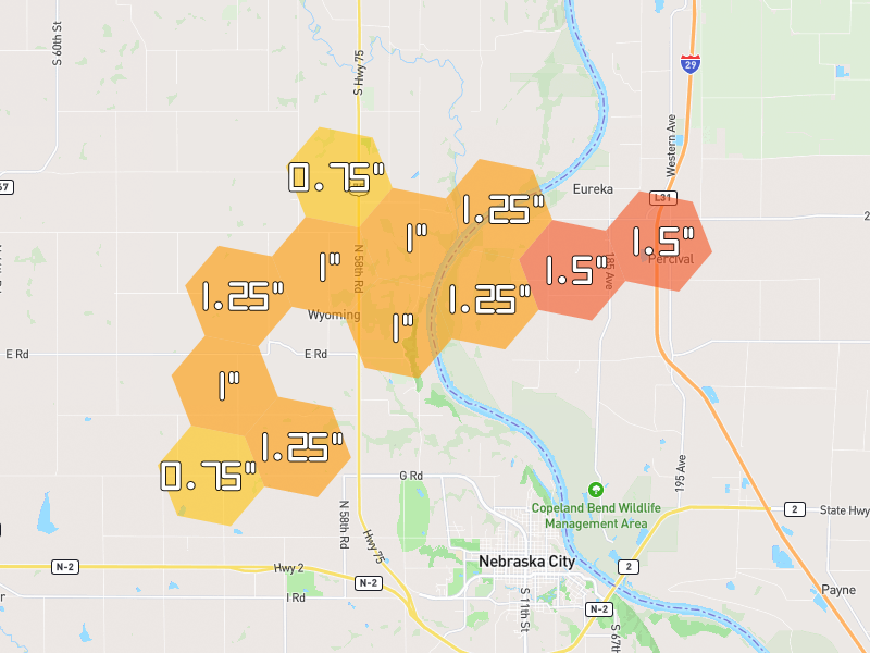 Hail map of Nebraska City, NE on Jun 6, 2026, hail up to 1.5"