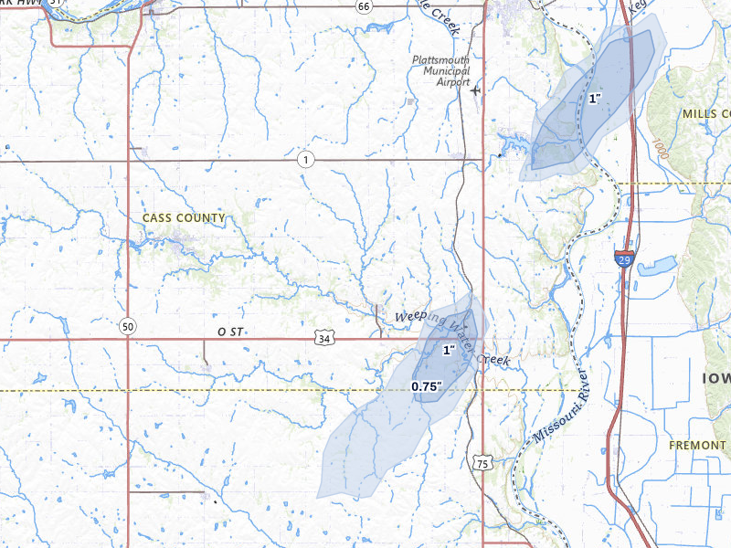 NEXRAD radar-signature map of the hail over Nehawka, NE