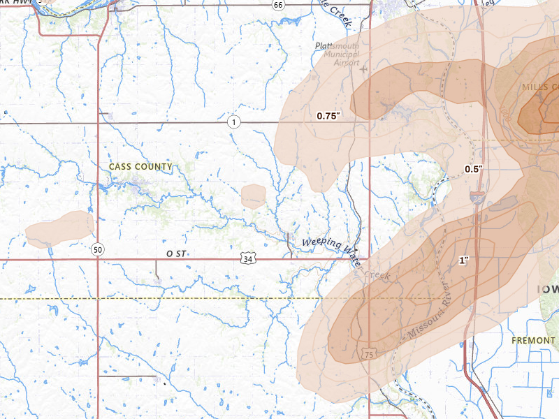 Radar-estimated hail-size map of the storm over Nehawka, NE on May 15, 2026