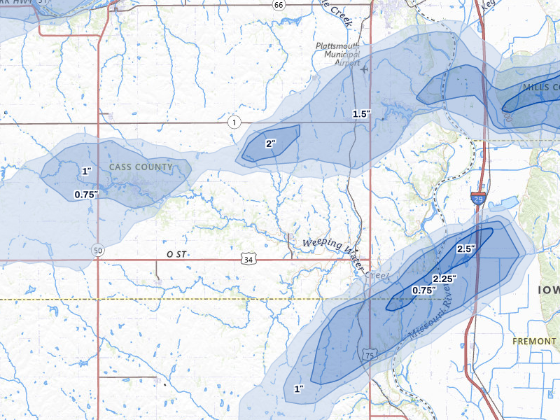 NEXRAD radar-signature map of the hail storm over Nehawka, NE on May 15, 2026