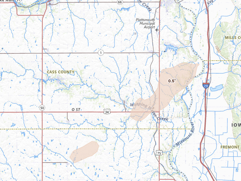 Radar-estimated hail-size map of the storm over Nehawka, NE on May 18, 2026