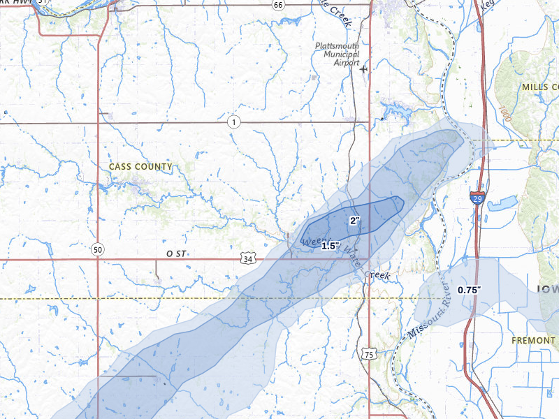 NEXRAD radar-signature map of the hail storm over Nehawka, NE on May 18, 2026