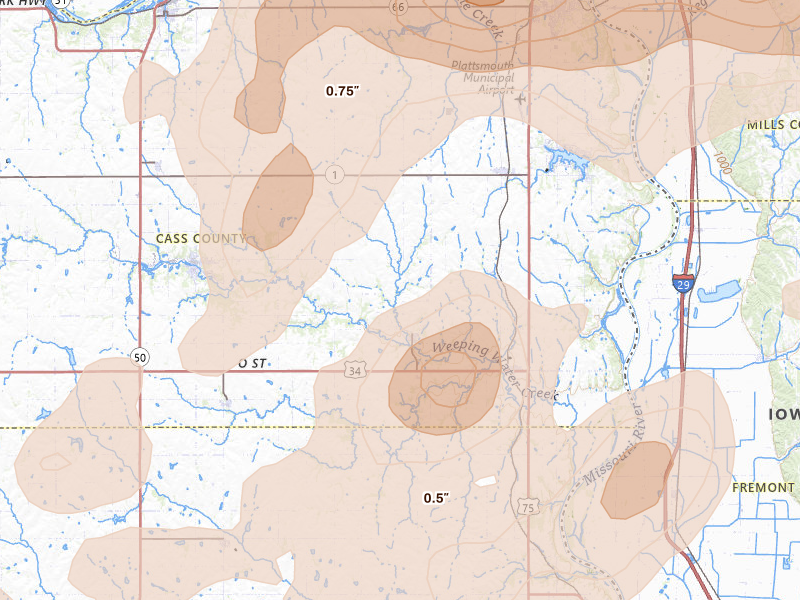 Radar-estimated hail-size map of the storm over Nehawka, NE on Jun 5, 2026