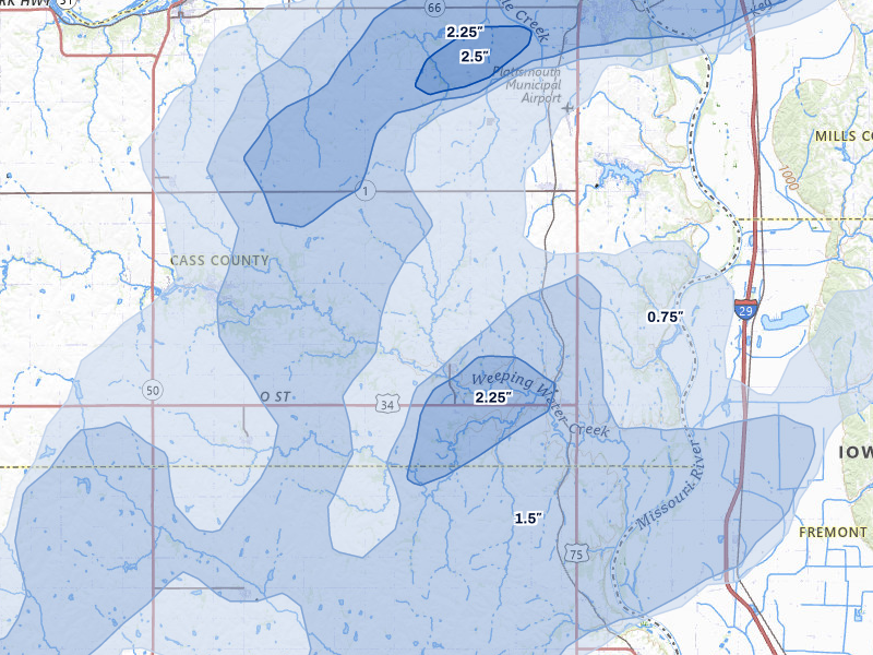 NEXRAD radar-signature map of the hail storm over Nehawka, NE on Jun 5, 2026