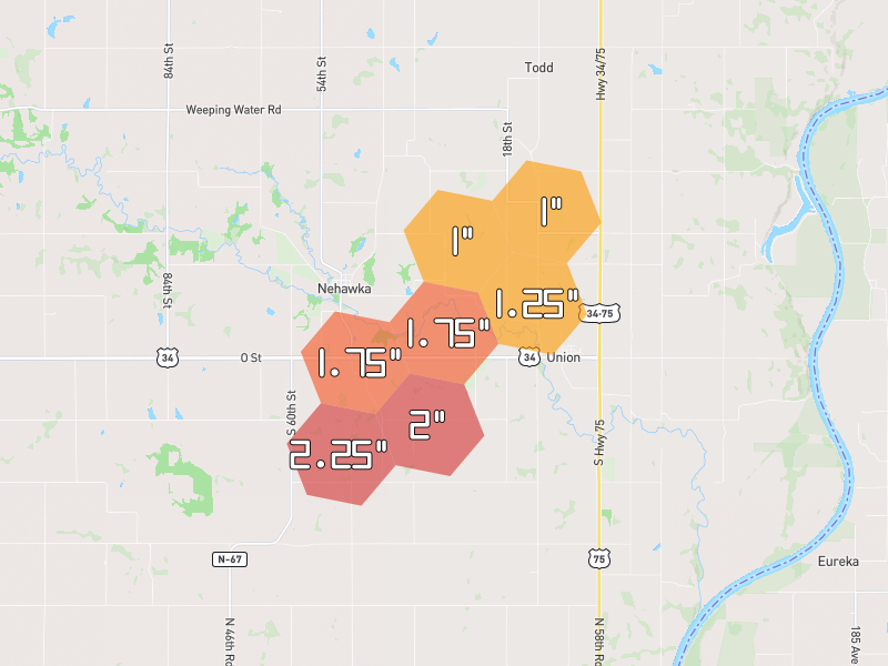 Hail map of Nehawka, NE on Jun 6, 2026, hail up to 2.25"
