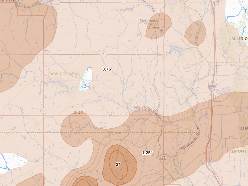 Radar-estimated hail-size map of the storm over Nehawka, NE on Jun 10, 2026