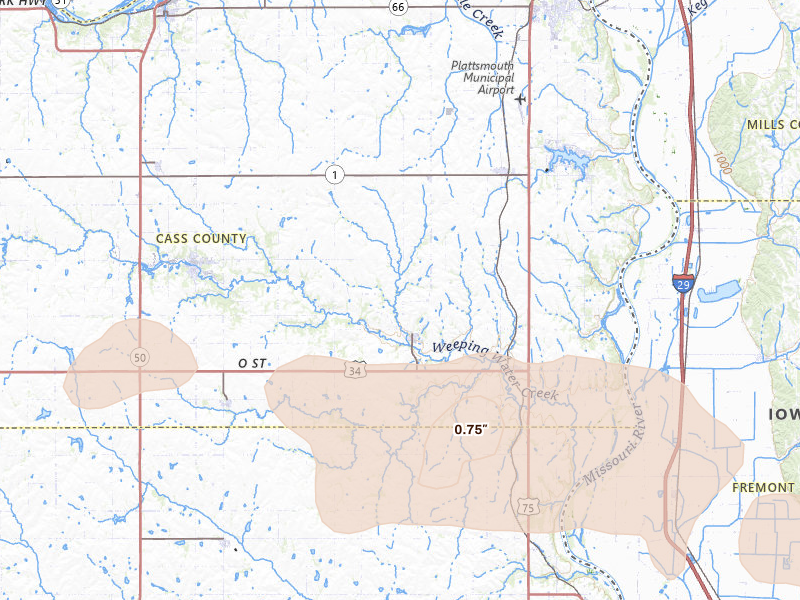 Radar-estimated hail-size map of the storm over Nehawka, NE on Jul 8, 2026