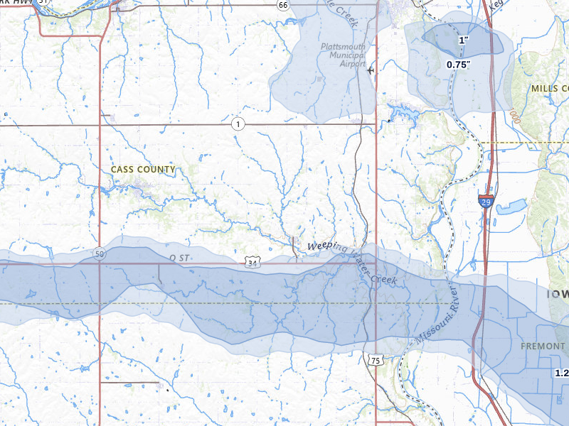 NEXRAD radar-signature map of the hail storm over Nehawka, NE on Jul 8, 2026