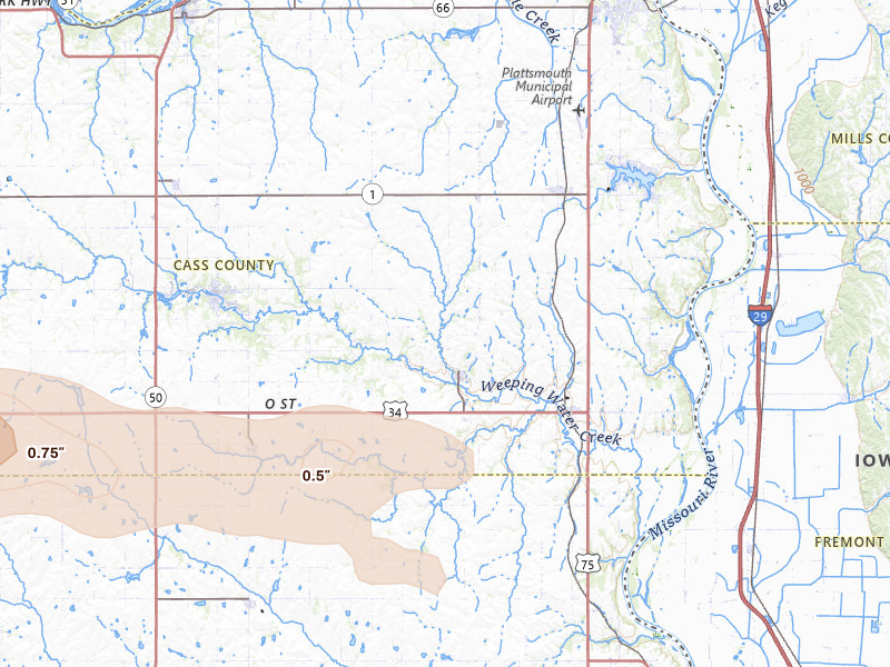 Radar-estimated hail-size map of the storm over Nehawka, NE on Jul 27, 2026
