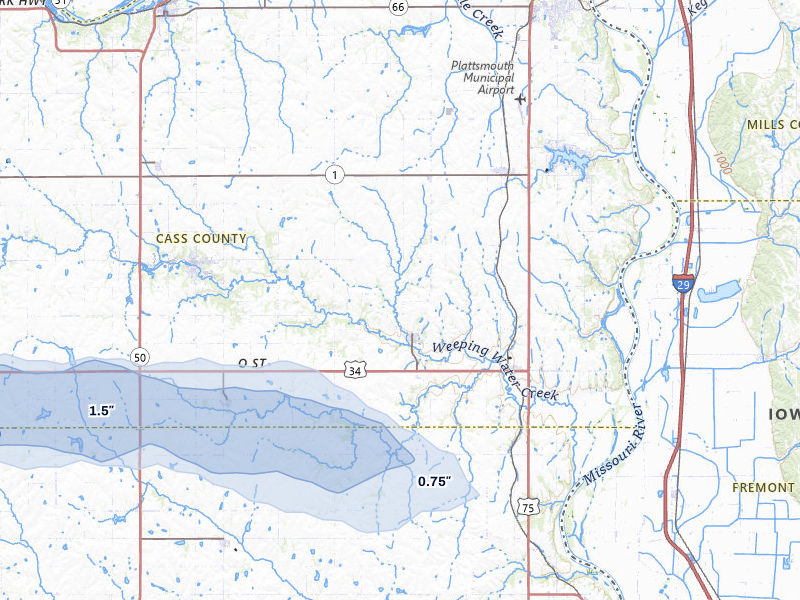 NEXRAD radar-signature map of the hail storm over Nehawka, NE on Jul 27, 2026