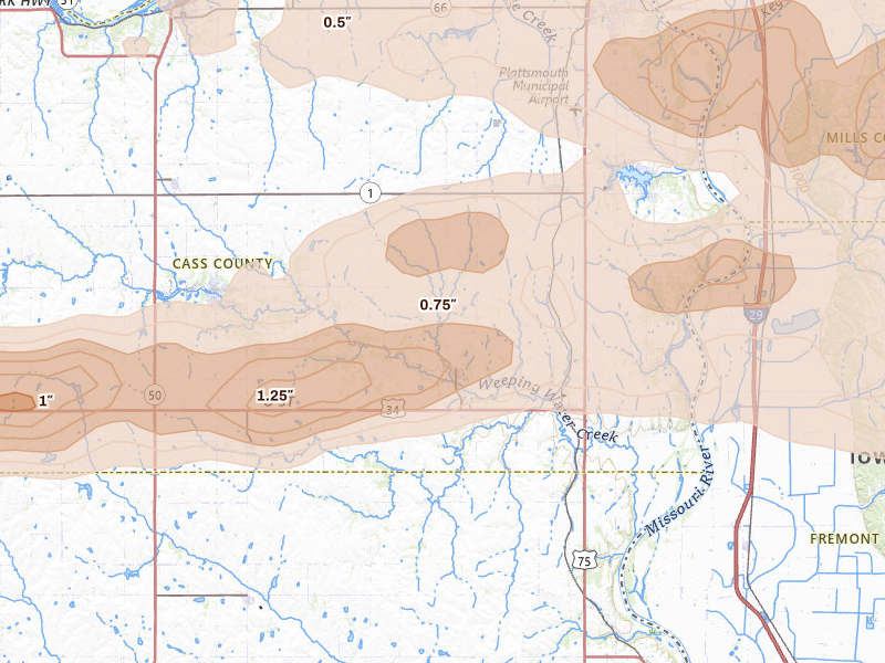 Radar-estimated hail-size map of the storm over Nehawka, NE on Aug 4, 2026