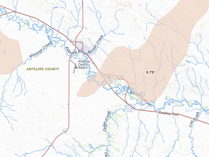 Radar-estimated hail-size map of the storm over Neligh, NE on May 25, 2026