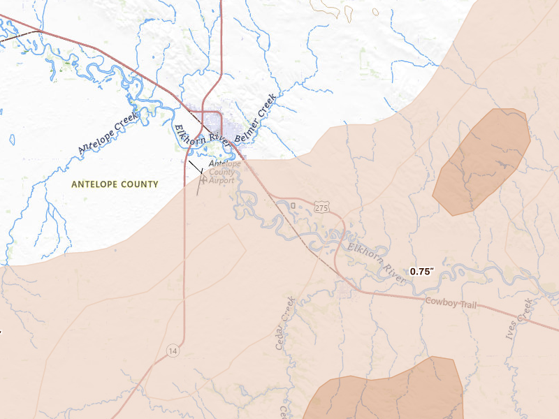 Radar-estimated hail-size map of the storm over Neligh, NE on Jun 29, 2026