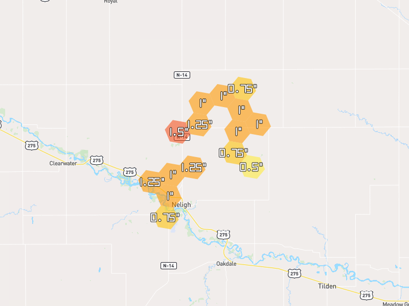 Hail map of Neligh, NE on Jul 1, 2026, hail up to 1.5"