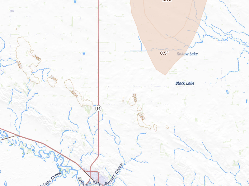 Radar-estimated hail-size map of the storm over Neligh, NE on Jul 2, 2026