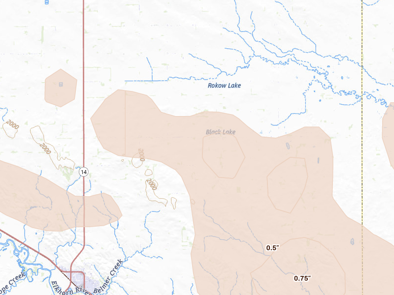 Radar-estimated hail-size map of the storm over Neligh, NE on Aug 23, 2026