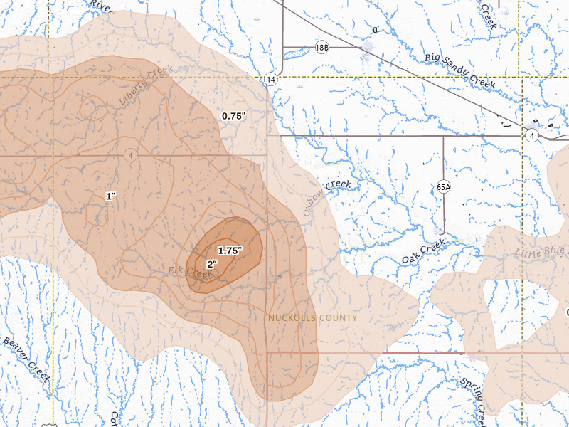 Radar-estimated hail-size map of the storm over Nelson, NE on May 16, 2026