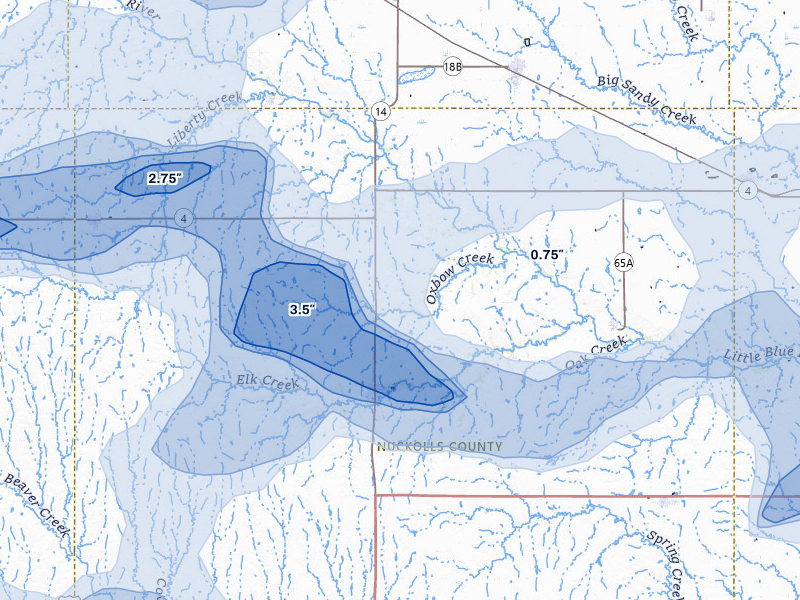 NEXRAD radar-signature map of the hail storm over Nelson, NE on May 16, 2026