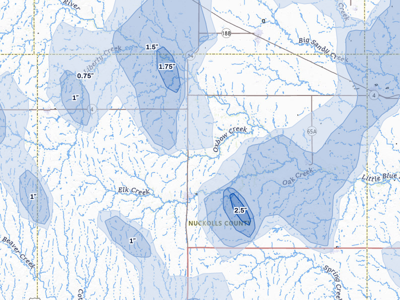 NEXRAD radar-signature map of the hail storm over Nelson, NE on Jun 5, 2026