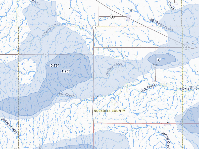 NEXRAD radar-signature map of the hail storm over Nelson, NE on Jul 3, 2026
