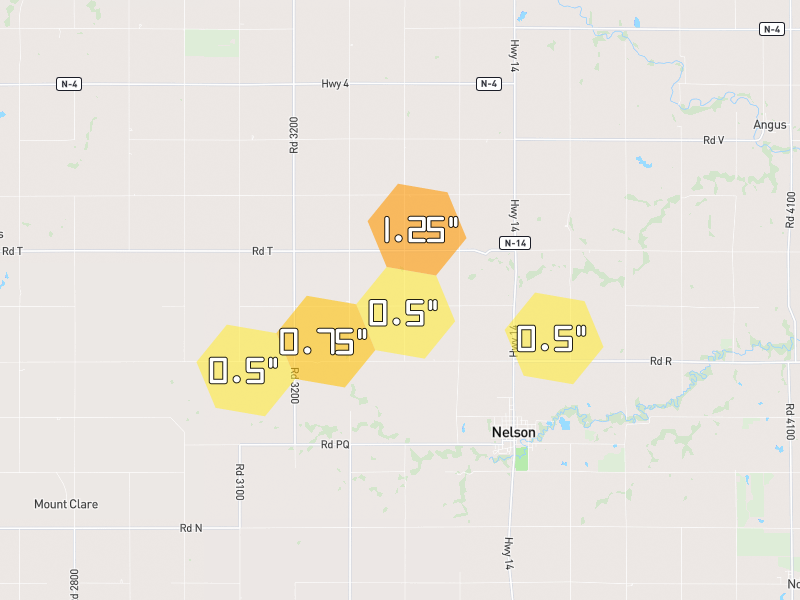 Hail map of Nelson, NE on Jul 3, 2026, hail up to 1.25"